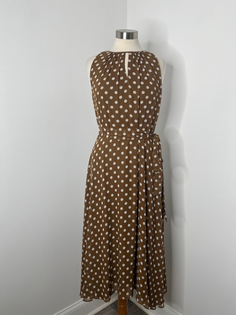 Chelsea Rose Brown Polka Dot Halter Keyhole Dress Sz 14  Pretty Woman Polo Match